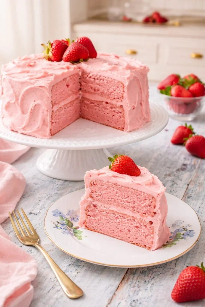 Delicious homemade strawberry cake decorated with fresh strawberries and cream