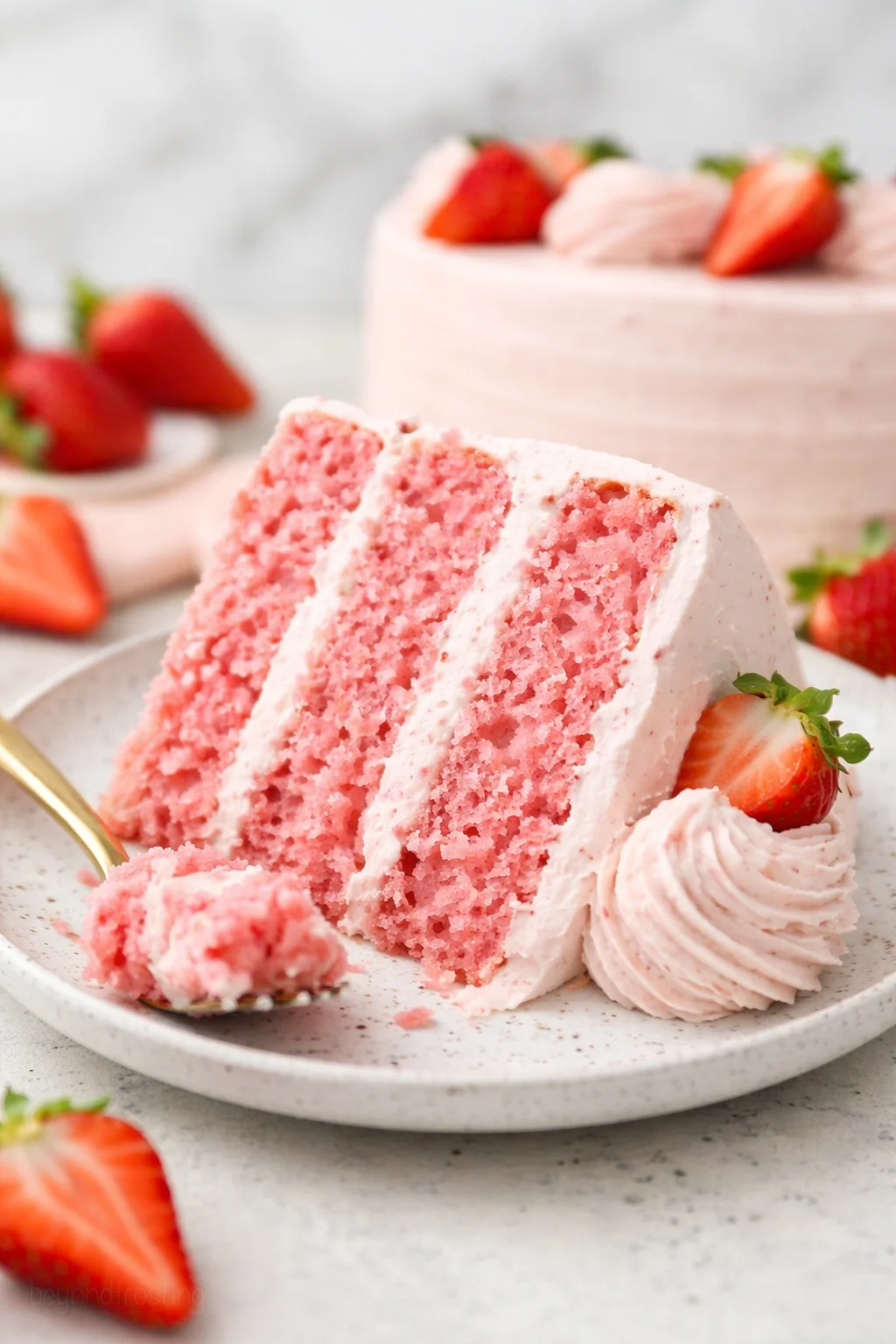 Strawberry cake with strawberry frosting topped with fresh strawberries