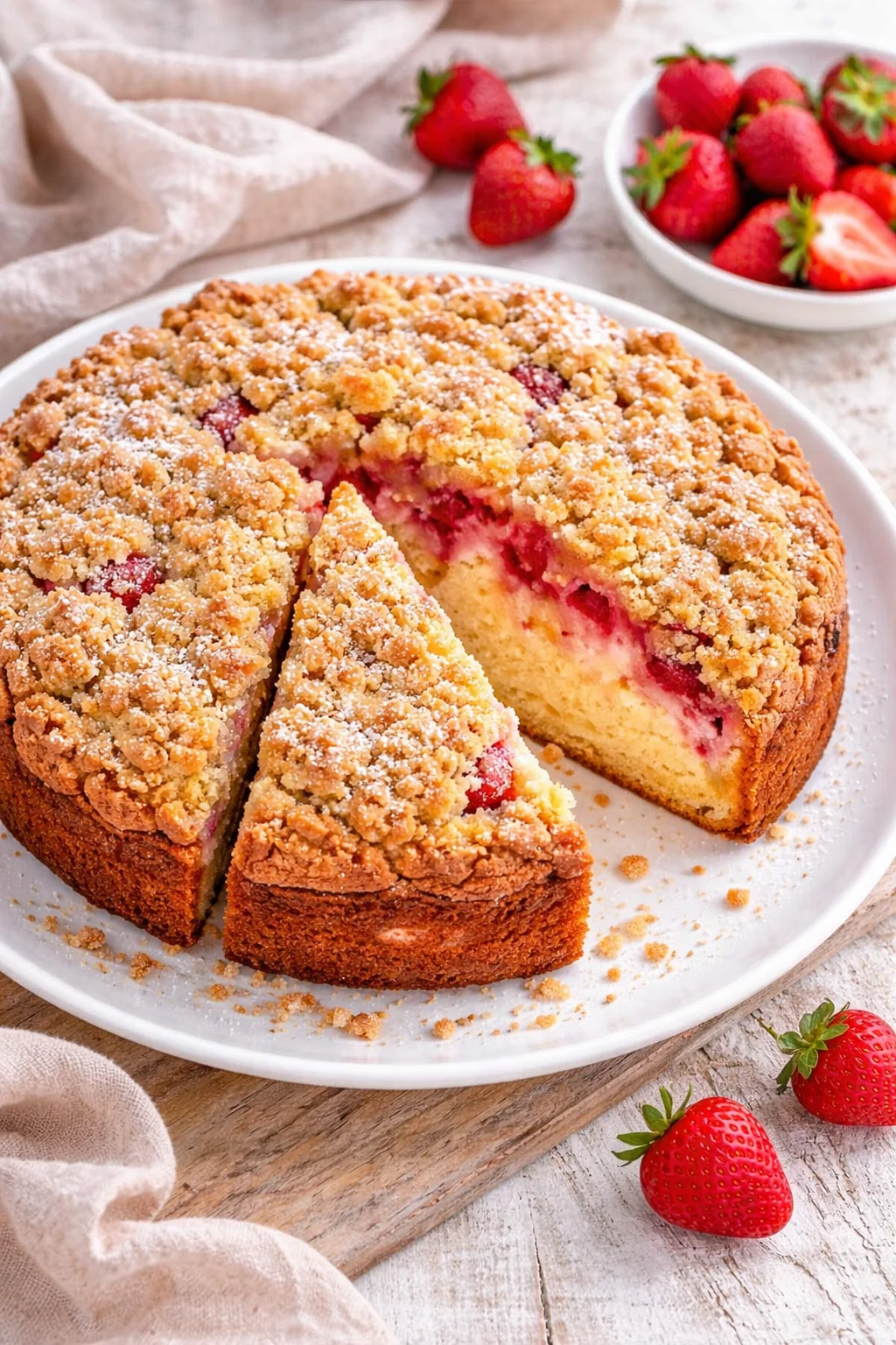 Delicious Strawberry Crumble Cake with fresh strawberries and crispy topping