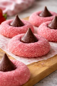 Close-up of delicious Strawberry Kiss Cookies with fresh strawberries