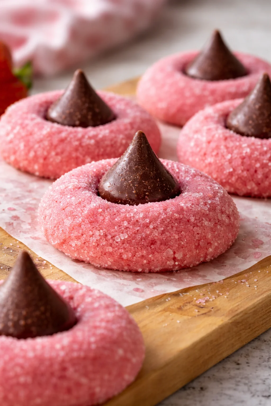 Close-up of delicious Strawberry Kiss Cookies with fresh strawberries