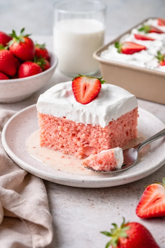 Delicious Strawberry Three Milks Cake soaked in milks and topped with fresh strawberries