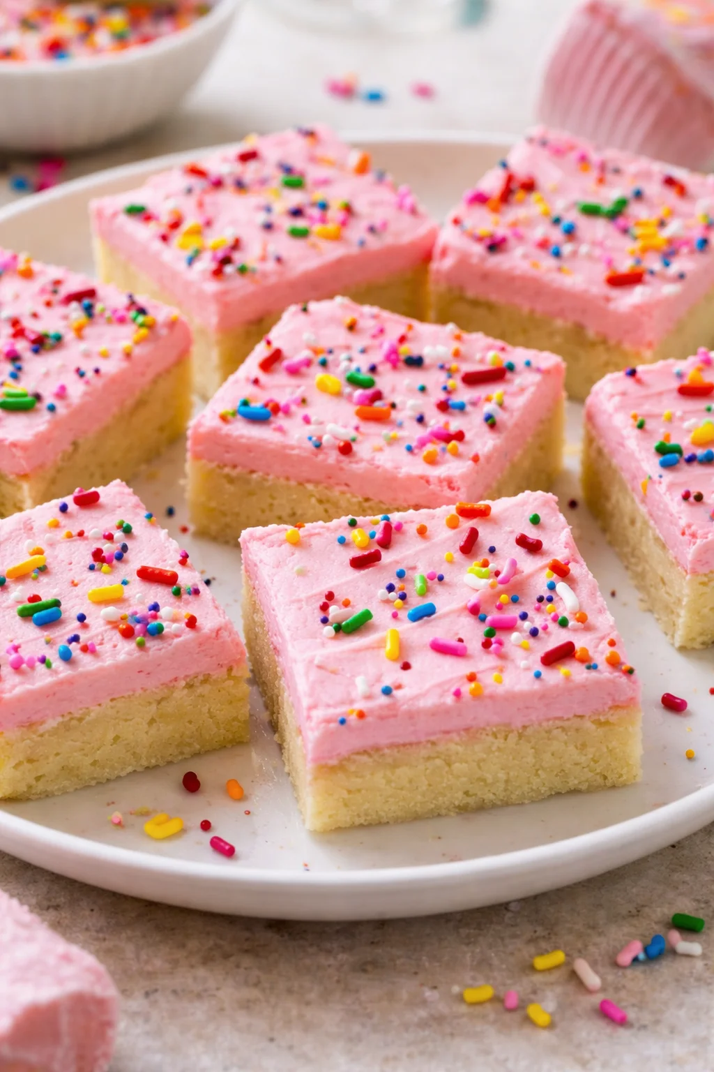 Freshly baked sugar cookie bars topped with colorful sprinkles.
