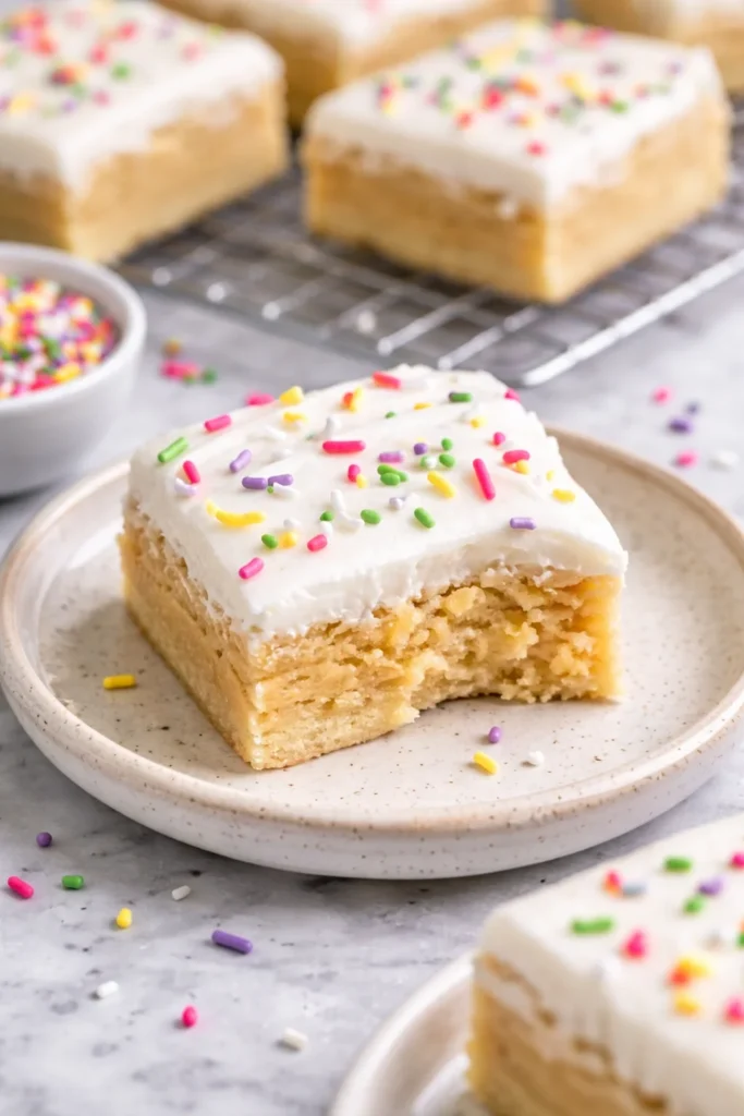 Delicious sugar cookie bars with cream cheese frosting on a white plate