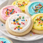 Colorful sugar cookie frosting on freshly baked sugar cookies