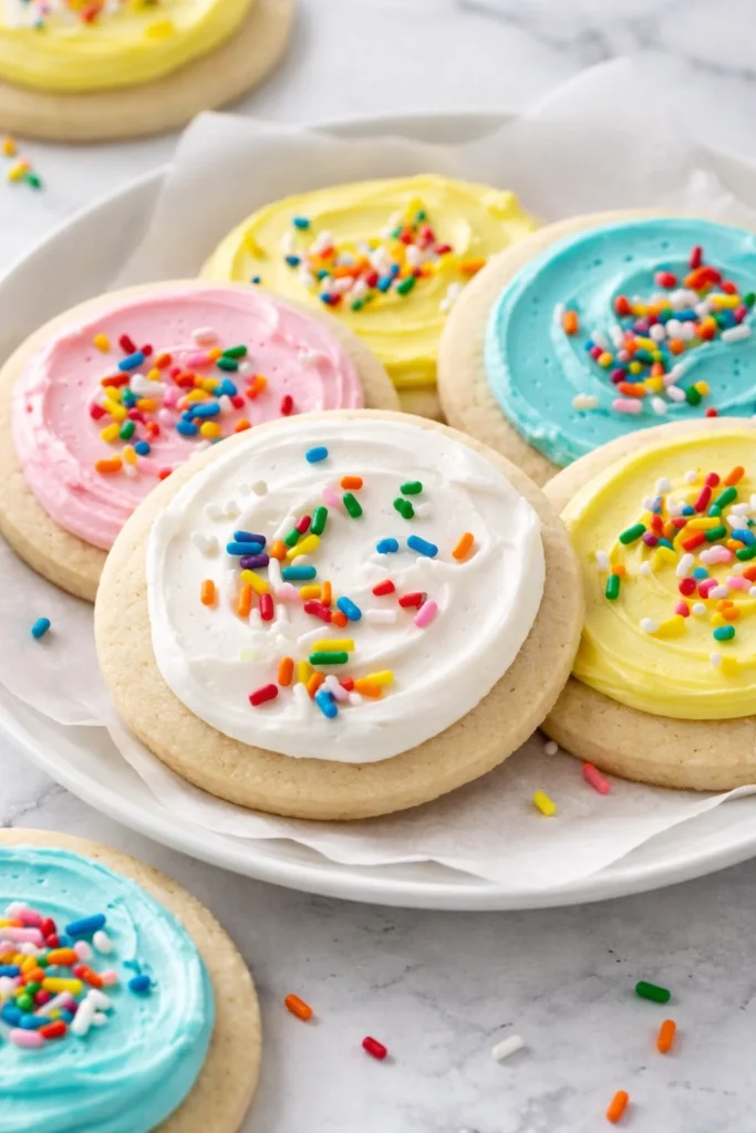 Colorful sugar cookie frosting on freshly baked sugar cookies