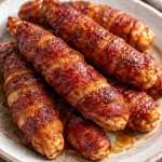 Sweet and spicy bacon wrapped chicken tenders garnished with herbs