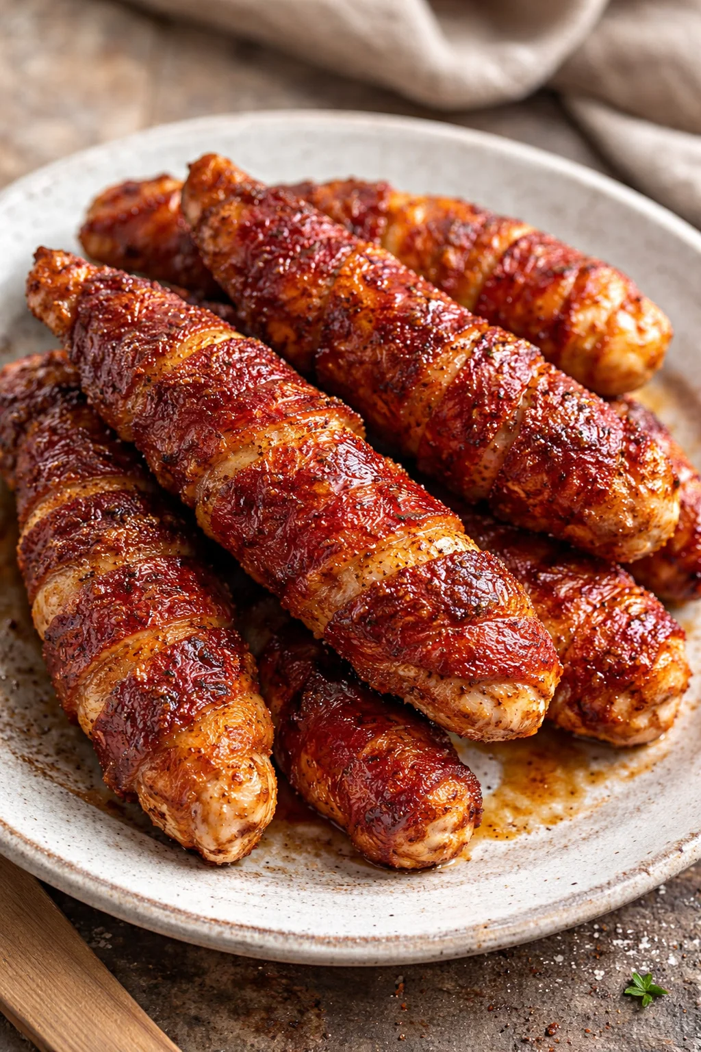 Sweet and spicy bacon wrapped chicken tenders garnished with herbs