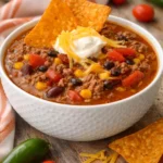 Delicious bowl of homemade taco soup topped with cheese and cilantro