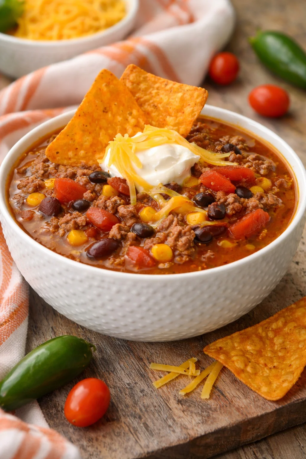 Delicious bowl of homemade taco soup topped with cheese and cilantro