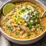Bowl of white chicken chili garnished with fresh herbs and a slice of lime