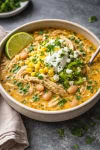 Bowl of white chicken chili garnished with fresh herbs and a slice of lime