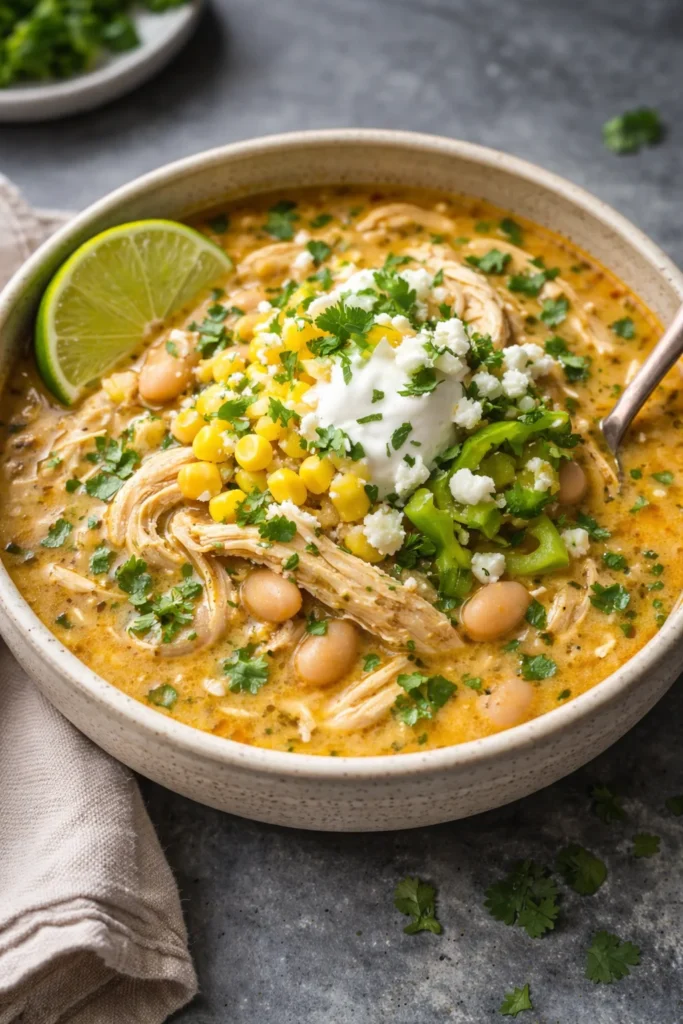 Bowl of white chicken chili garnished with fresh herbs and a slice of lime