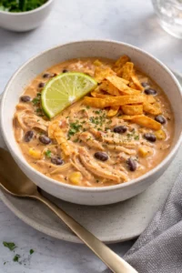 White chicken chili recipe with cream cheese in a bowl garnished with herbs