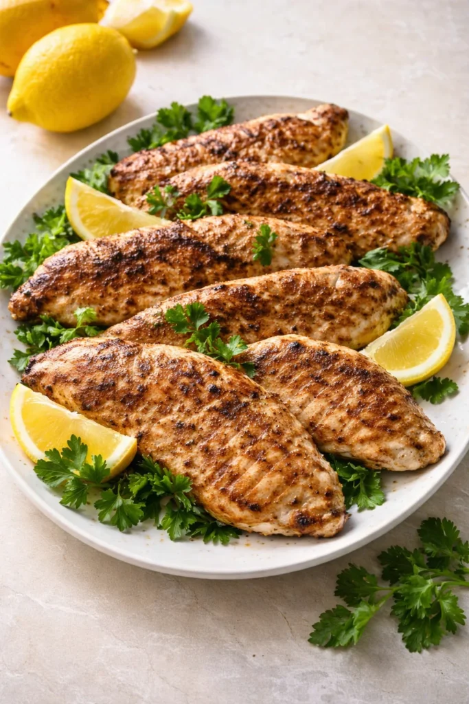 Delicious yogurt marinated chicken served on a plate with herbs