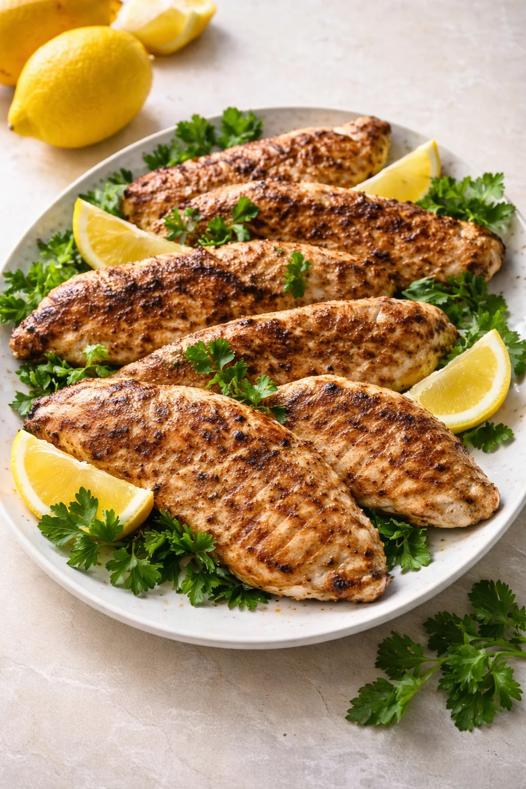 Delicious yogurt marinated chicken served on a plate with herbs