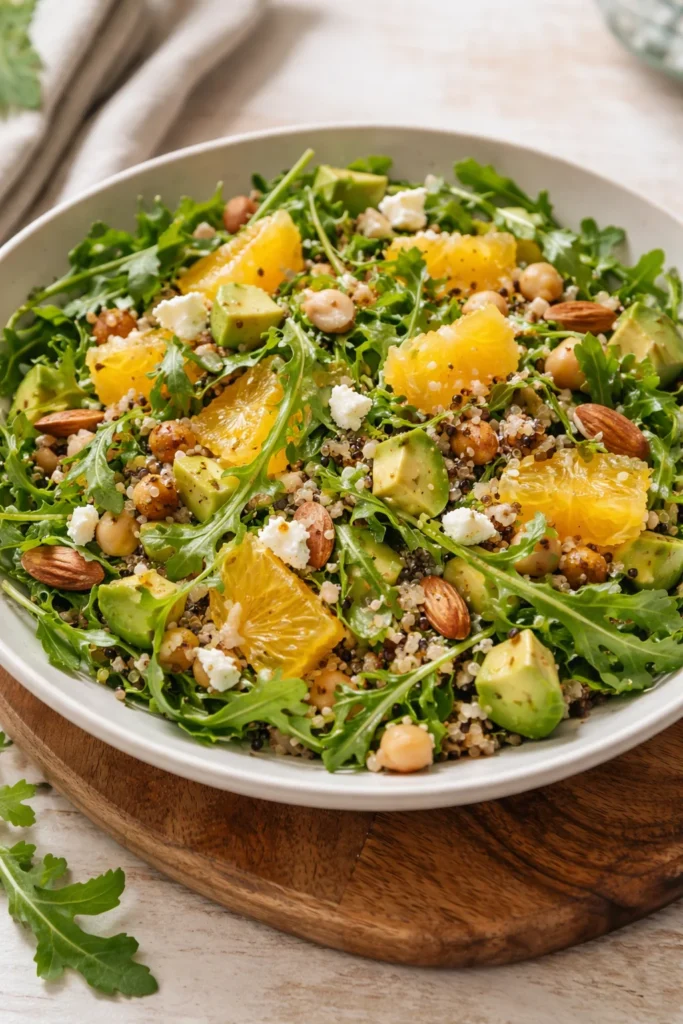 Fresh arugula citrus salad with vibrant oranges and a light dressing.
