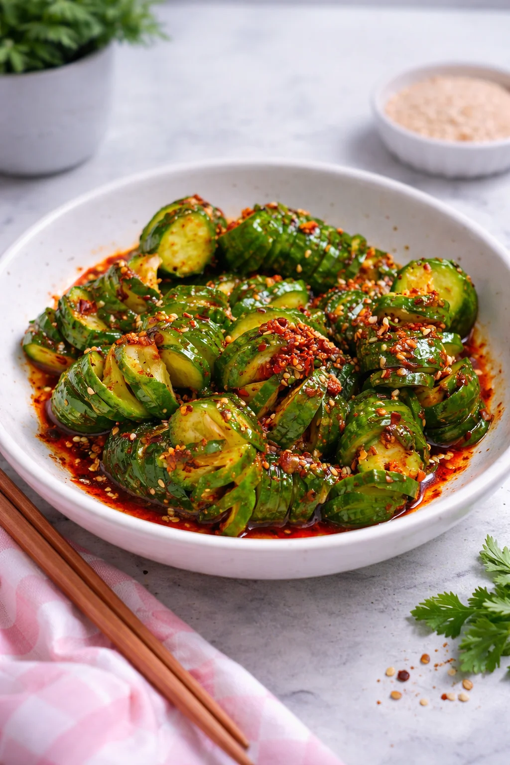 Bowl of Asian Spicy Cucumber Salad with vibrant veggies and dressing