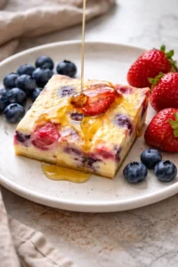 Delicious baked yogurt dessert served in a bowl with fresh fruits and mint.