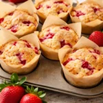 Delicious bakery-style strawberry muffins fresh out of the oven