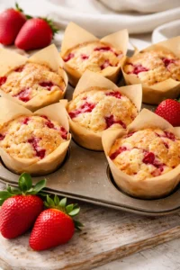 Delicious bakery-style strawberry muffins fresh out of the oven