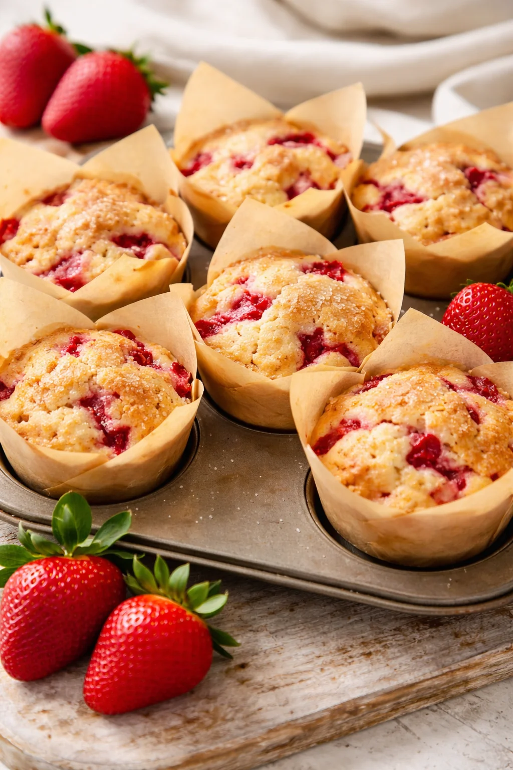 Delicious bakery-style strawberry muffins fresh out of the oven
