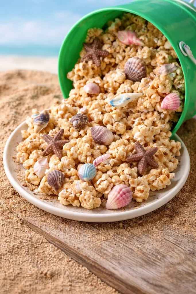 Delicious beach party popcorn served in a colorful beach-themed bowl.