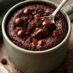 Delicious brownie in a mug topped with chocolate and nuts