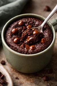 Delicious brownie in a mug topped with chocolate and nuts