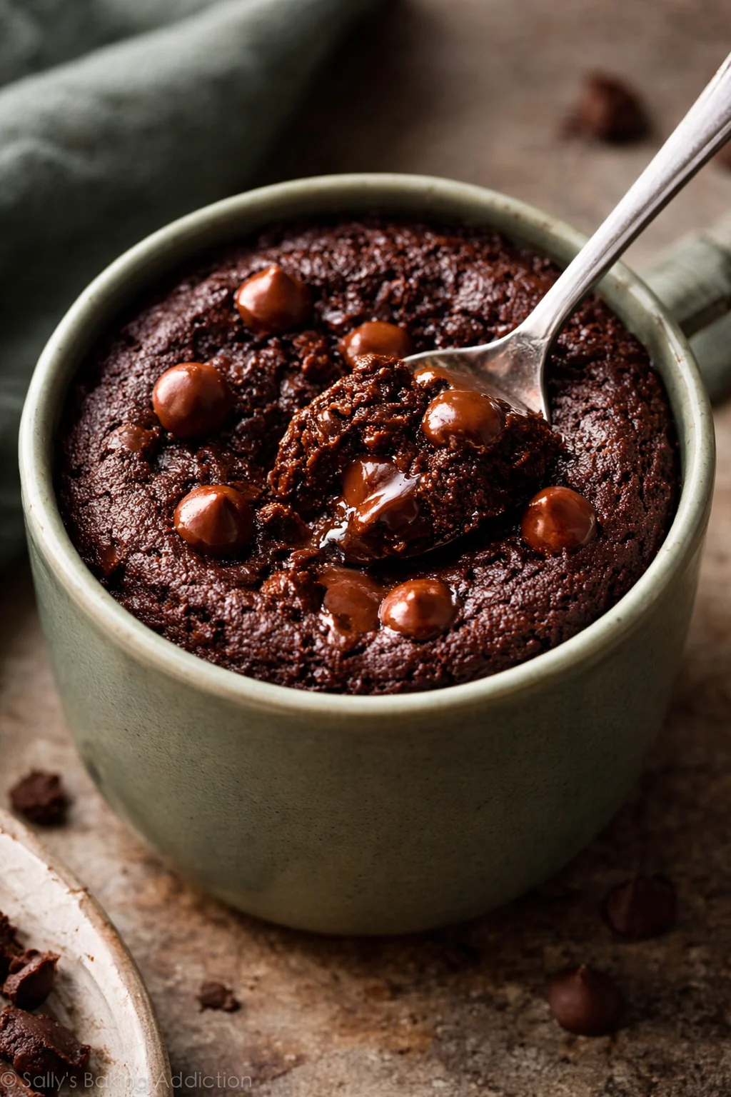 Delicious brownie in a mug topped with chocolate and nuts