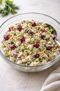 Delicious and colorful best chicken salad served in a bowl with fresh ingredients.