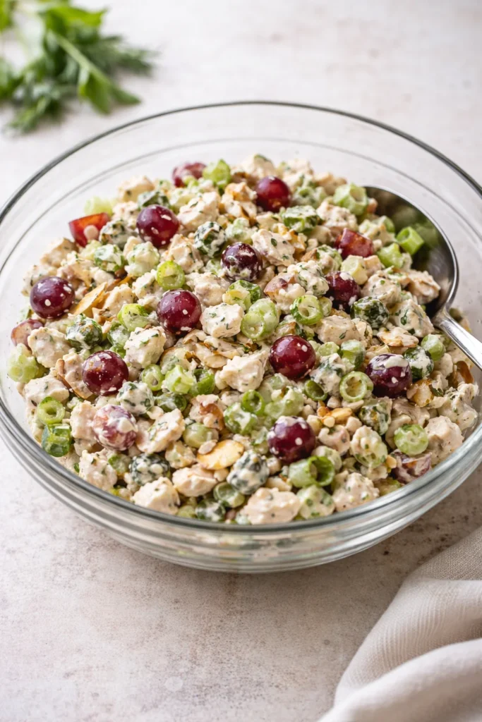 Delicious and colorful best chicken salad served in a bowl with fresh ingredients.
