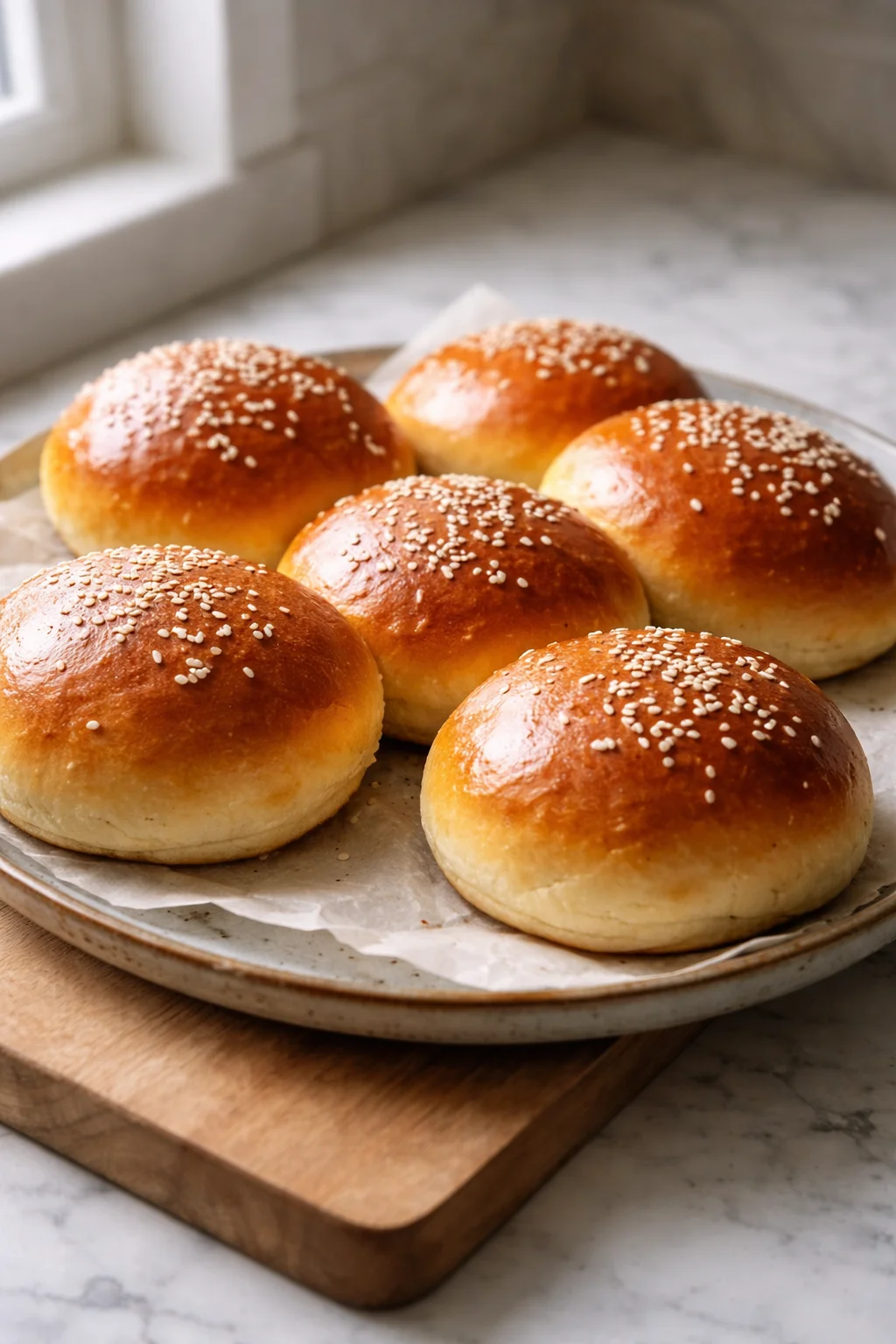 Fluffy burger buns ready for delicious burgers on a wooden table