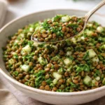 Colorful bowl of Lebanese Lentil Salad with fresh vegetables and herbs