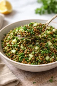 Colorful bowl of Lebanese Lentil Salad with fresh vegetables and herbs