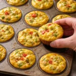 Delicious breakfast egg muffins with vegetables and cheese in a muffin tin.