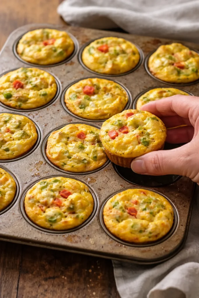 Delicious breakfast egg muffins with vegetables and cheese in a muffin tin.