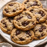 Freshly baked brown butter chocolate chip cookies on a cooling rack