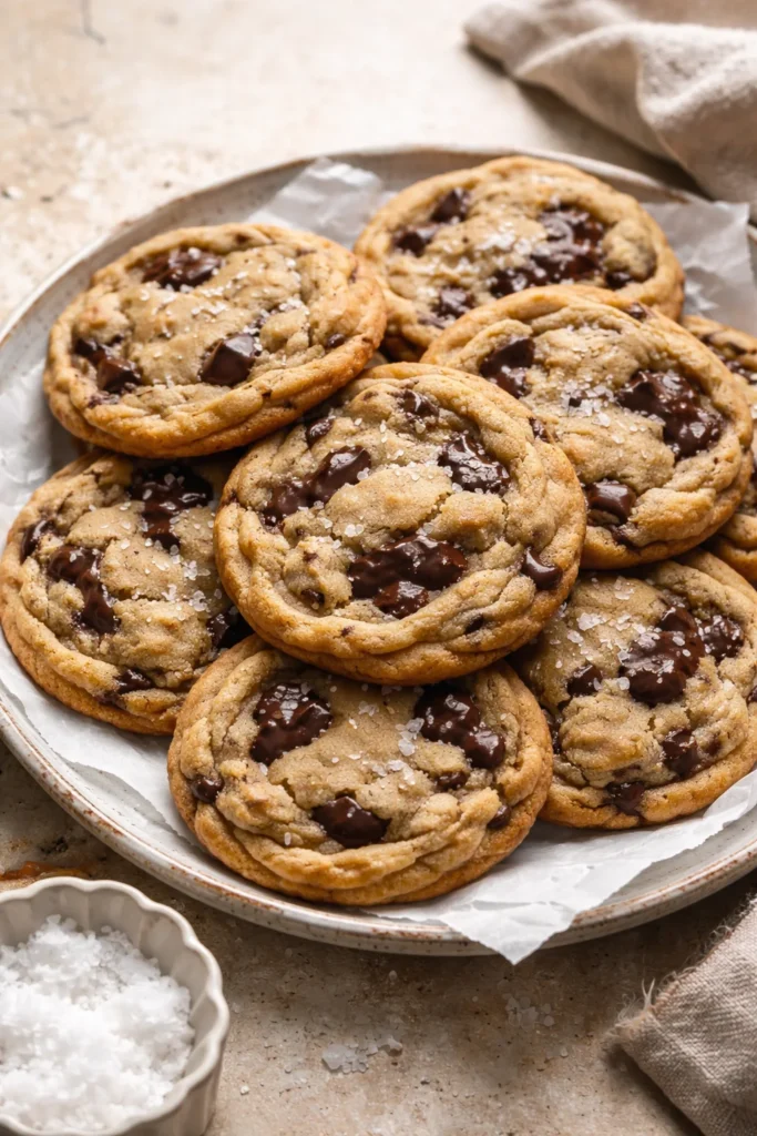 Freshly baked brown butter chocolate chip cookies on a cooling rack