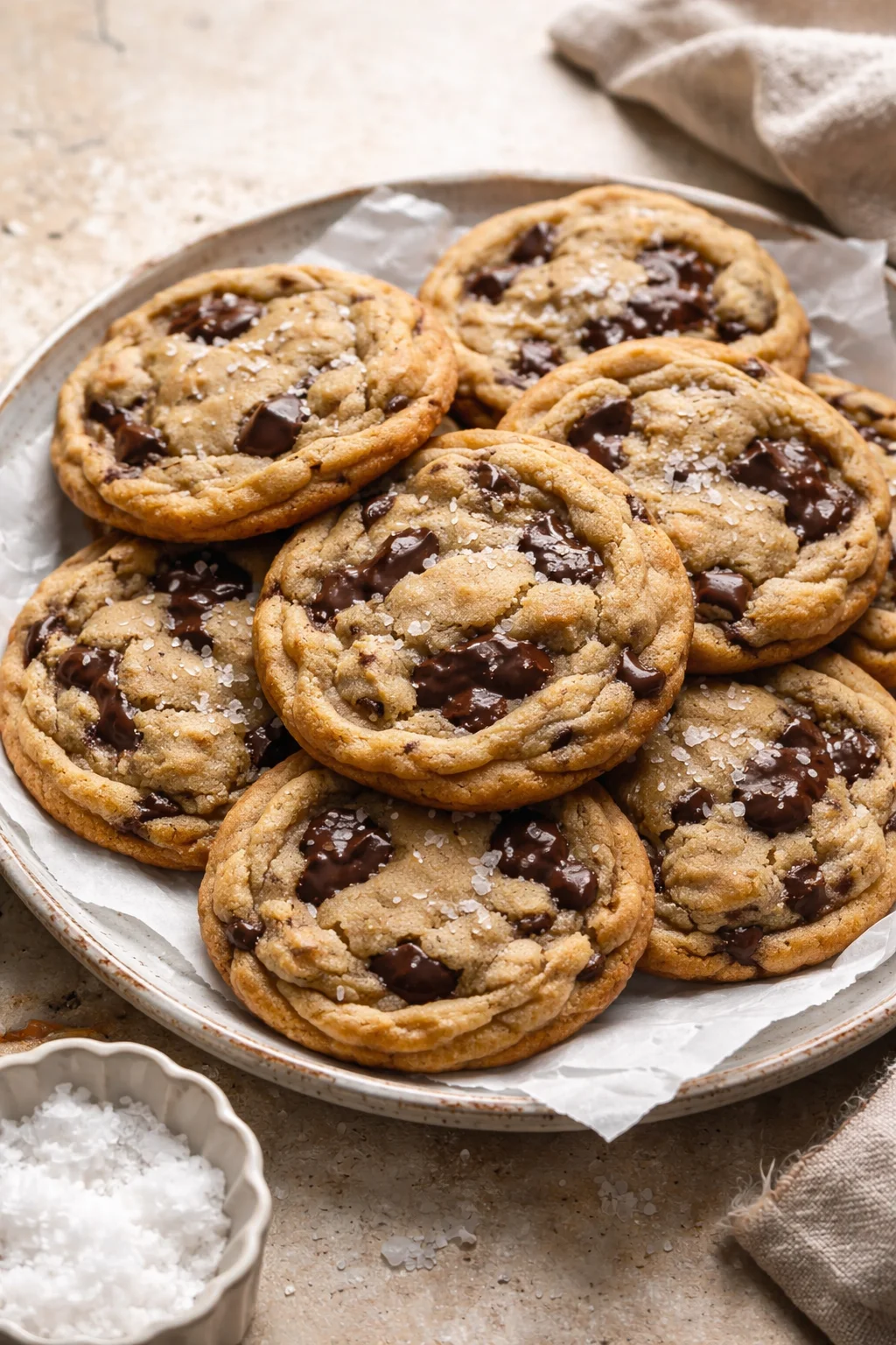 Freshly baked brown butter chocolate chip cookies on a cooling rack