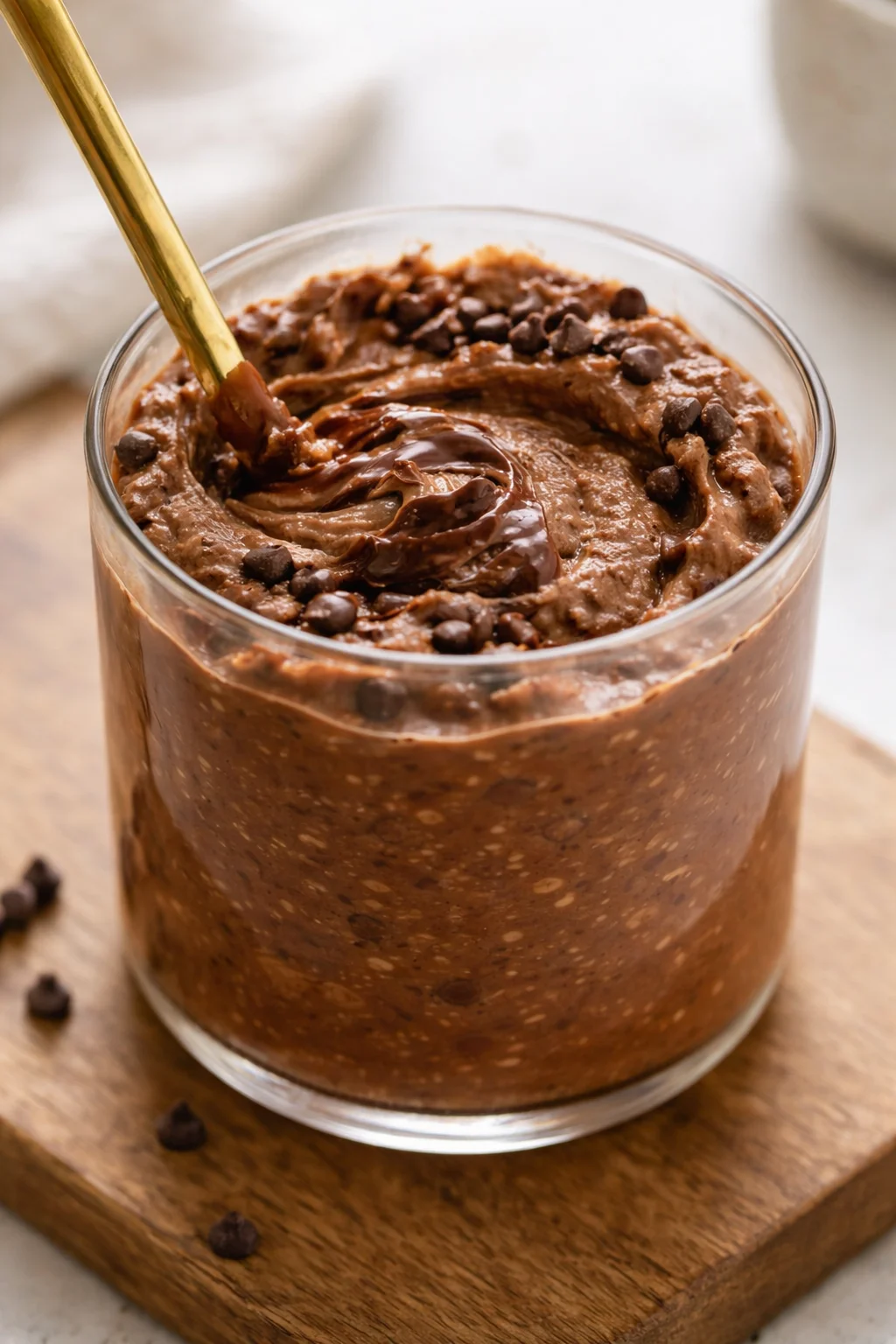 Delicious bowl of brownie batter overnight oats topped with chocolate and nuts