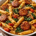 A vibrant bowl of Cajun Sausage Pasta with colorful bell peppers and herbs.