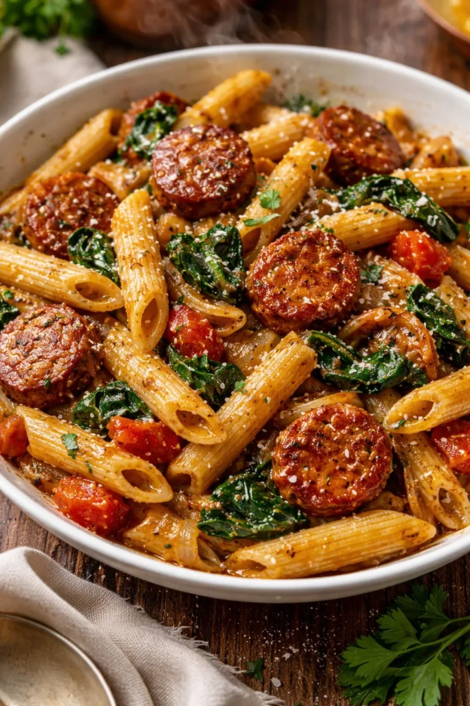 A vibrant bowl of Cajun Sausage Pasta with colorful bell peppers and herbs.
