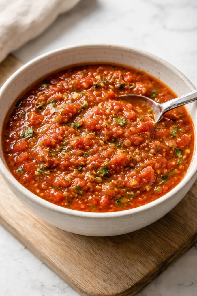 Jar of homemade canned tomato salsa with fresh ingredients
