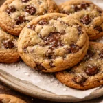 Plate of freshly baked chewy chocolate chip cookies with melted chocolate chips
