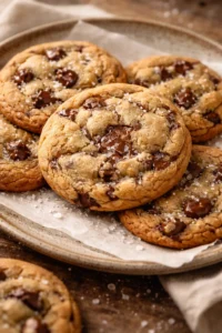 Plate of freshly baked chewy chocolate chip cookies with melted chocolate chips