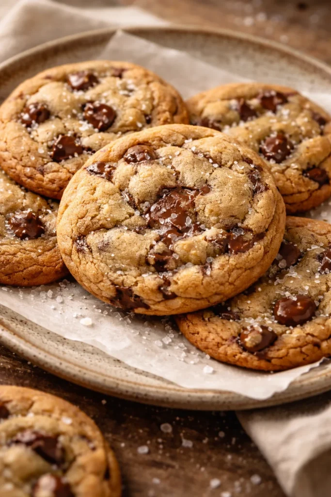 Plate of freshly baked chewy chocolate chip cookies with melted chocolate chips