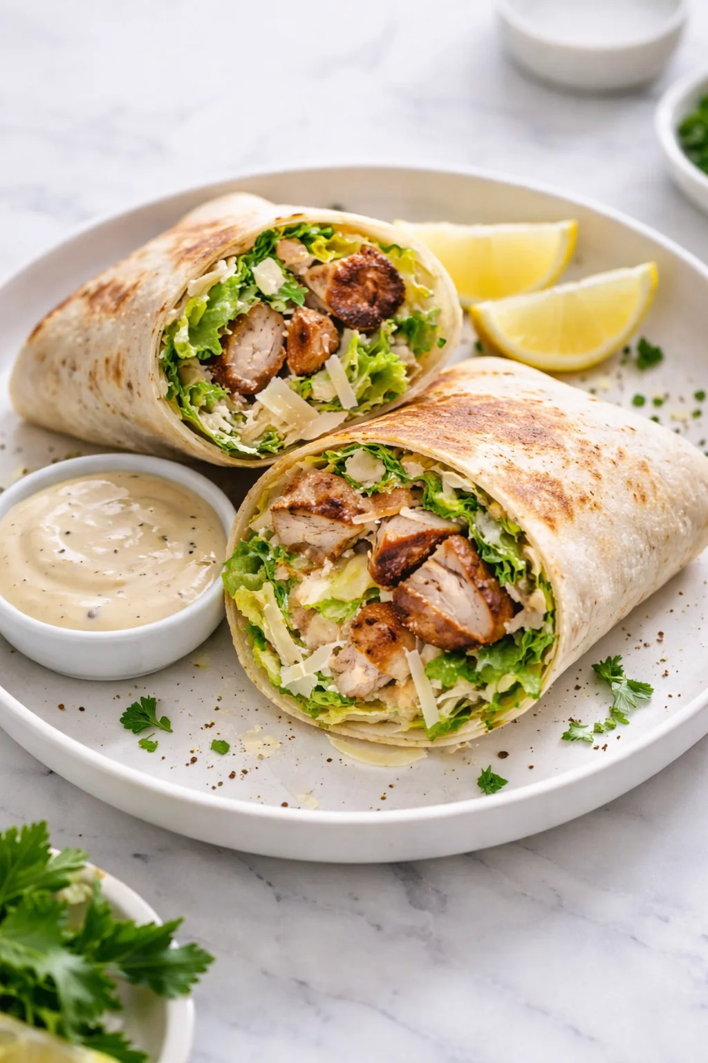 Delicious Chicken Caesar Wraps served with fresh ingredients