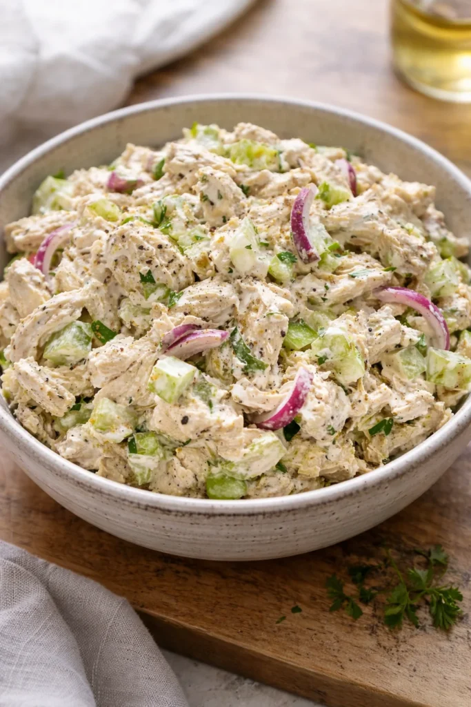 Delicious homemade chicken salad with fresh ingredients and herbs