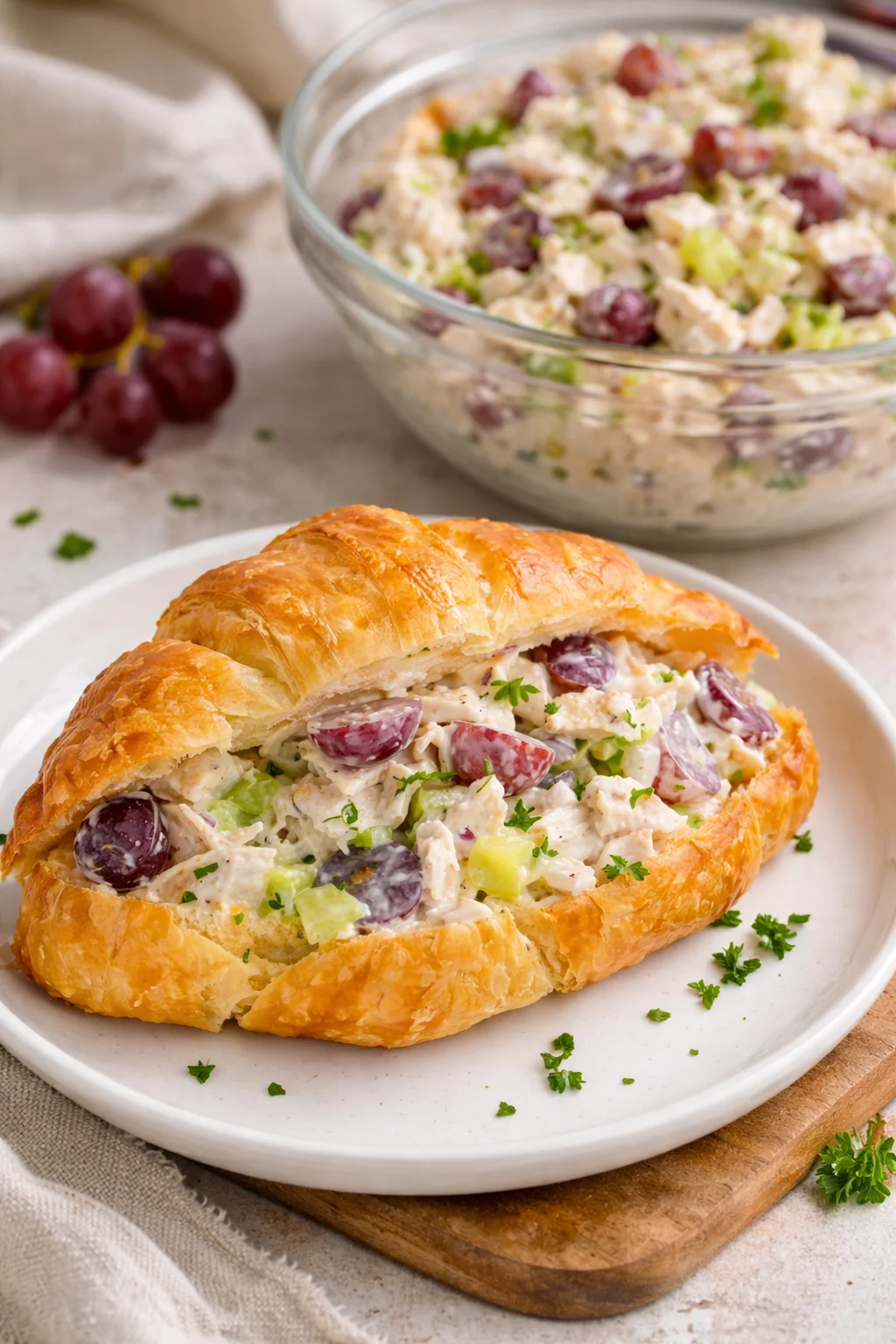 Delicious Chicken Salad Sandwich on a plate with fresh greens